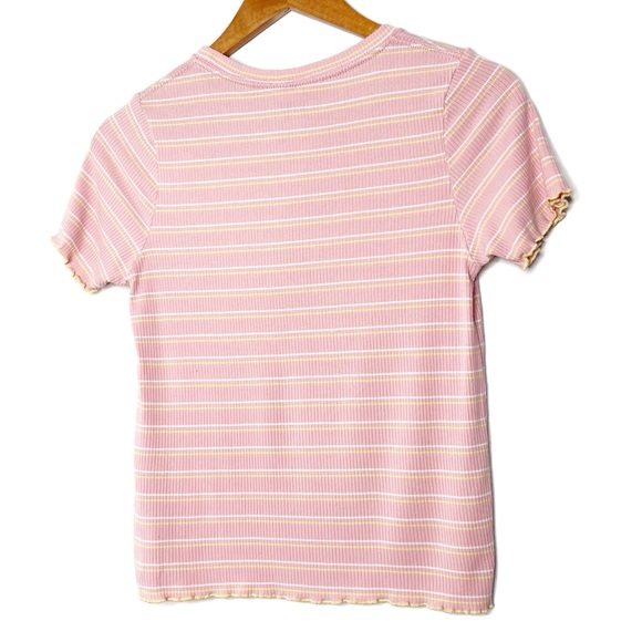 Levi's Pink White Yellow Stripe Ribbed Lettuce Trim T Shirt Top Juniors - Picture 10 of 16
